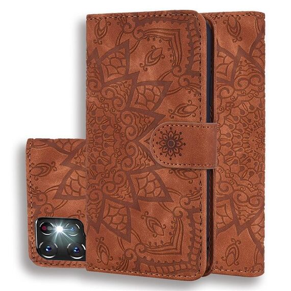 Per Samsung Galaxy S24 Ultra 5G Custodia per telefono in pelle di vitello con stampa mandala a doppia piega (marrone)