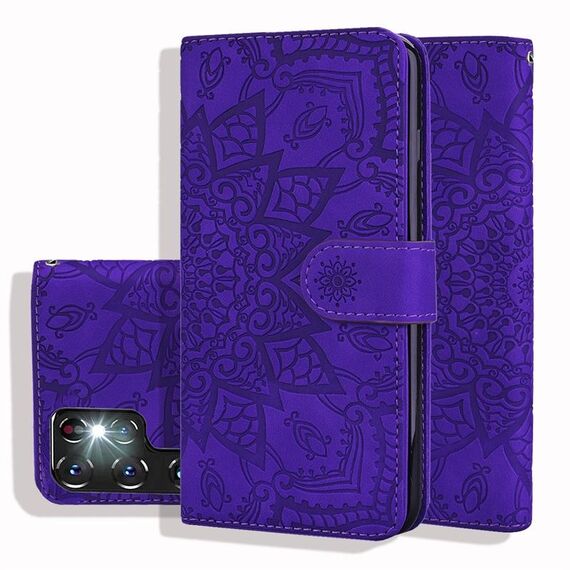 Per Samsung Galaxy S24 Ultra 5G Custodia per telefono in pelle di vitello con stampa mandala a doppia piega (viola)