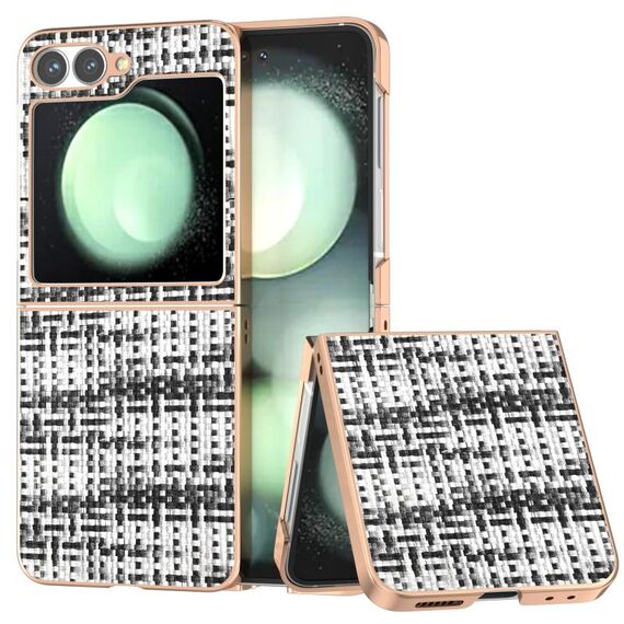 Per Samsung Galaxy Z Flip6 Custodia per telefono in PU con struttura a reticolo colorato e placcata (nero)
