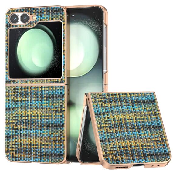 Per Samsung Galaxy Z Flip6 Custodia per telefono in PU con struttura a reticolo colorato e placcata (oro)