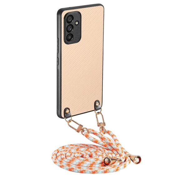 Per Samsung Galaxy S24+ 5G Custodia per telefono con cover posteriore in pelle con trama in fibra di carbonio e tracolla (cachi)