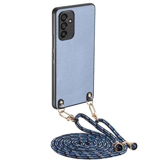 Per Samsung Galaxy S24+ 5G Custodia per telefono con cover posteriore in pelle con trama in fibra di carbonio e tracolla (blu)