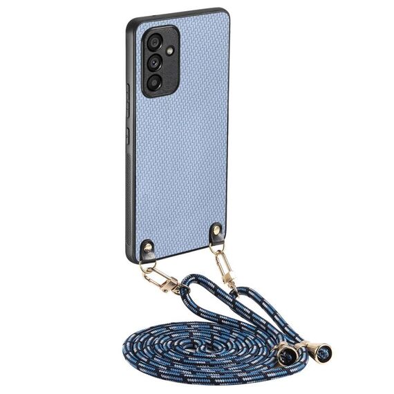 Per Samsung Galaxy S23 FE 5G Custodia per telefono con cover posteriore in pelle con trama in fibra di carbonio e tracolla (blu)