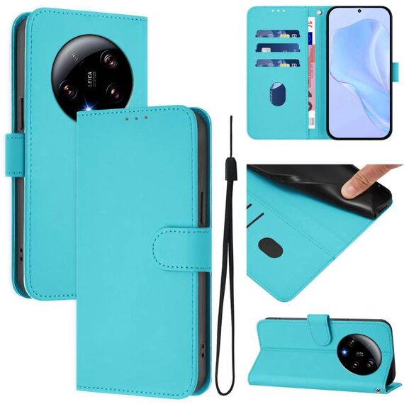 Per Xiaomi 13 Ultra Skin Feel Custodia in pelle tinta unita con cordino (Lake Blue)