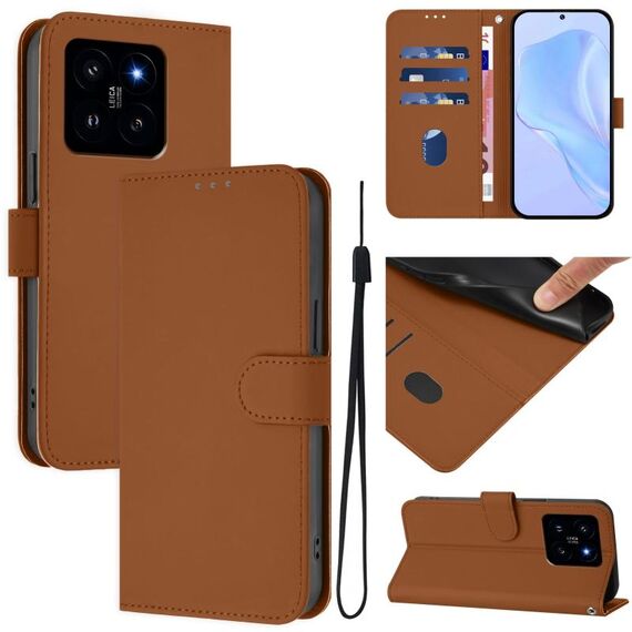 Per Xiaomi 14 Custodia in pelle tinta unita con cordino (marrone)