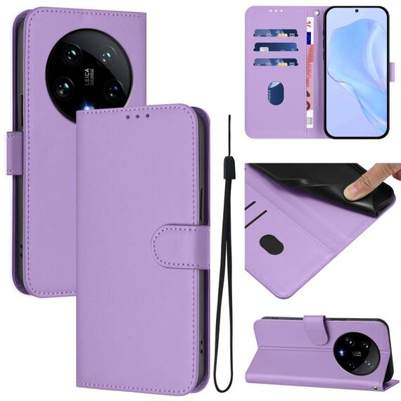 Per Xiaomi 14 Ultra 5G Custodia per telefono in pelle tinta unita con cordino (viola lavanda)