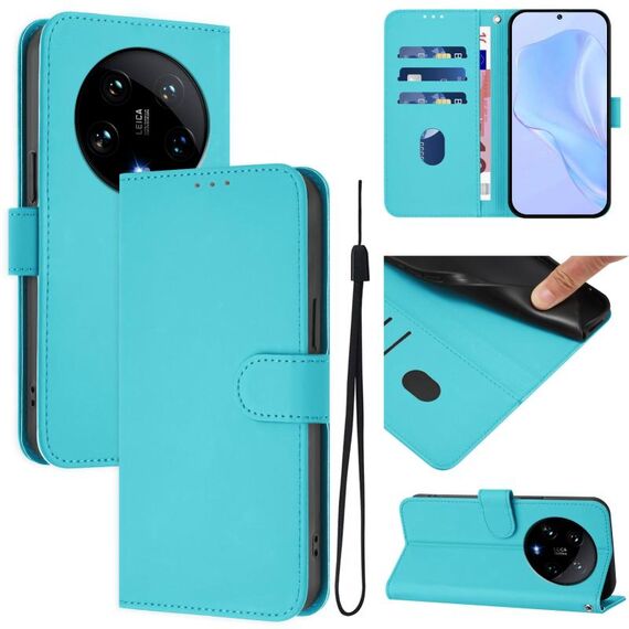 Per Xiaomi 14 Ultra 5G Custodia per telefono in pelle tinta unita con cordino (Lake Blue)