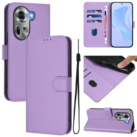 Per OPPO Reno11 5G Custodia per telefono in pelle tinta unita con cordino Global Skin Feel (viola lavanda)
