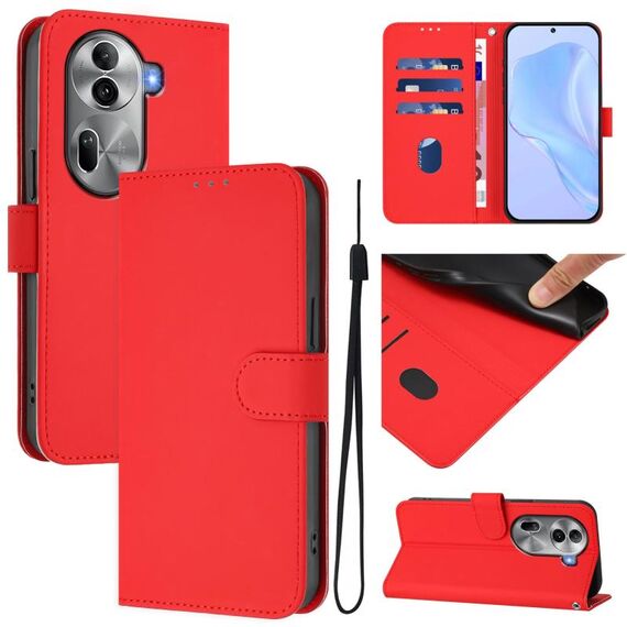 Per OPPO Reno11 Pro 5G Custodia per telefono in pelle tinta unita con cordino (rosso)
