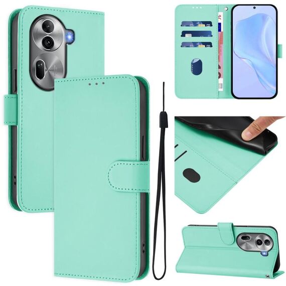 Per OPPO Reno11 Pro 5G Custodia per telefono in pelle tinta unita con cordino (verde menta)