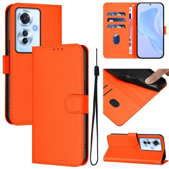 Per OPPO Reno11 F 5G Custodia per telefono in pelle tinta unita con cordino (arancione)