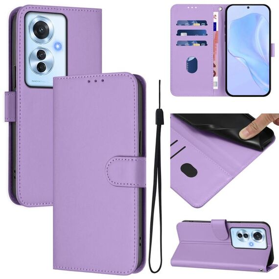 Per OPPO Reno11 F 5G Custodia per telefono in pelle tinta unita con cordino Global Skin Feel (viola lavanda)