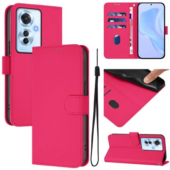 Per OPPO Reno11 F 5G Custodia per telefono in pelle tinta unita con cordino (rosso rosa)