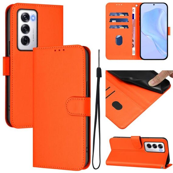 Per OPPO Reno12 5G Custodia per telefono in pelle tinta unita con cordino (arancione)