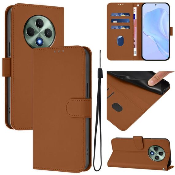 Per OPPO Reno12 F Custodia per telefono in pelle tinta unita con cordino (marrone)