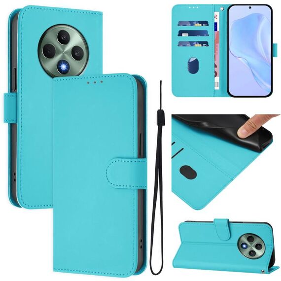 Per OPPO Reno12 F Custodia per telefono in pelle tinta unita con cordino Global Skin Feel (Lake Blue)