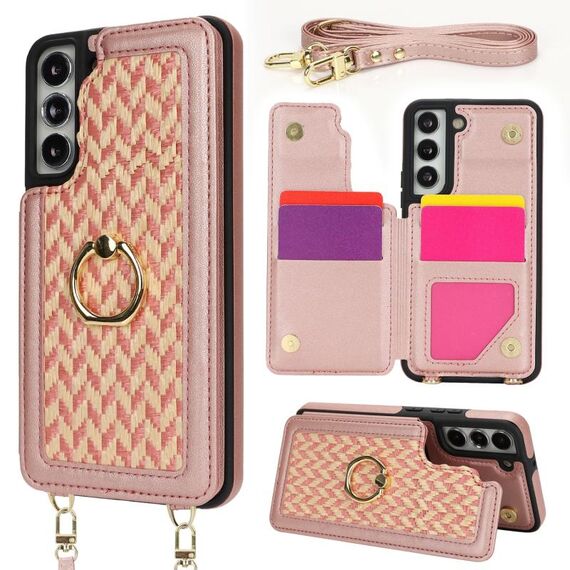Per Samsung Galaxy S22 5G Custodia per telefono con doppia fessura per carta posteriore e copertura completa con tracolla (oro rosa)