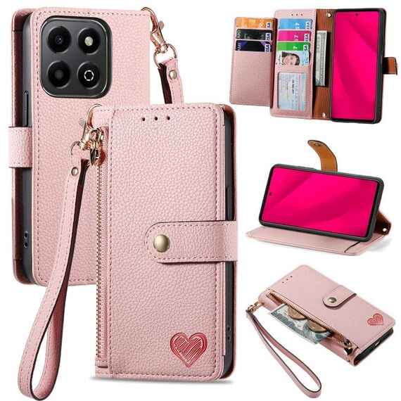 Custodia per telefono in pelle con laccio e cerniera per Honor 200 Smart Love (rosa)