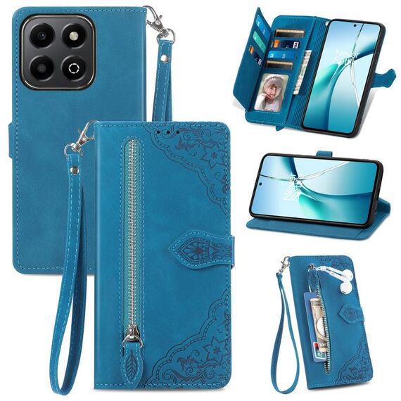 Per Honor 200 Smart Custodia in pelle con cerniera e motivo floreale in rilievo (blu)