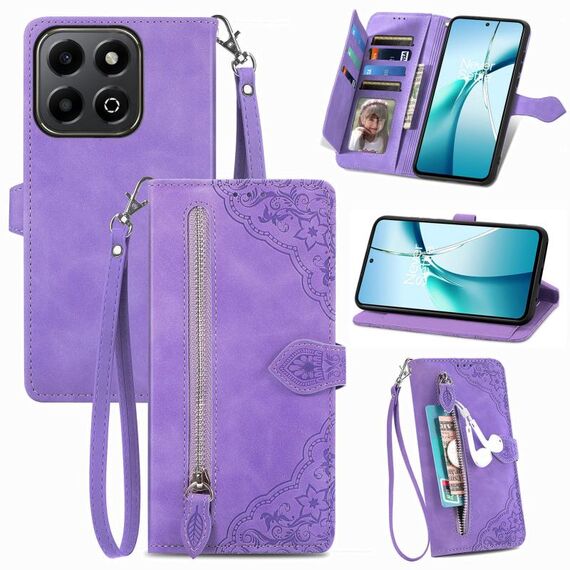 Per Honor 200 Smart Custodia in pelle con cerniera e motivo floreale in rilievo (viola)
