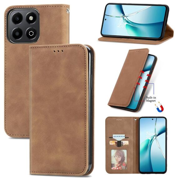 Custodia per telefono in pelle con flip magnetico Smart Retro Skin Feel per Honor 200 (marrone)