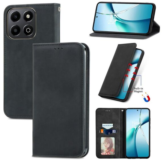 Custodia per telefono in pelle magnetica con chiusura magnetica per Honor 200 Smart Retro Skin Feel (nera)