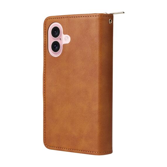 Cover per iPhone 16  a portafoglio con cerniera e 9 slot per carte marrone EDA005483208E