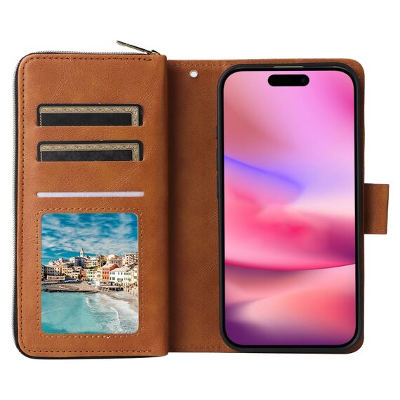 Cover per iPhone 16  a portafoglio con cerniera e 9 slot per carte marrone EDA005483208E