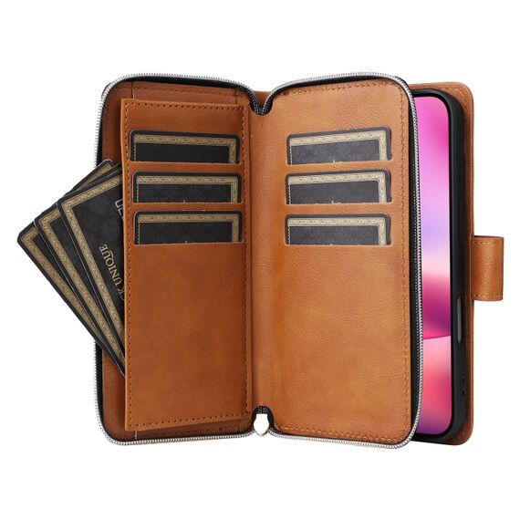 Cover per iPhone 16  a portafoglio con cerniera e 9 slot per carte marrone EDA005483208E