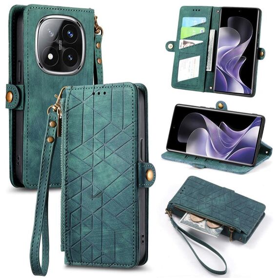 For Xiaomi Redmi Note 14 Pro+ 5G Geometric Zipper Wallet Side Buckle Leather Phone Case(Green)
