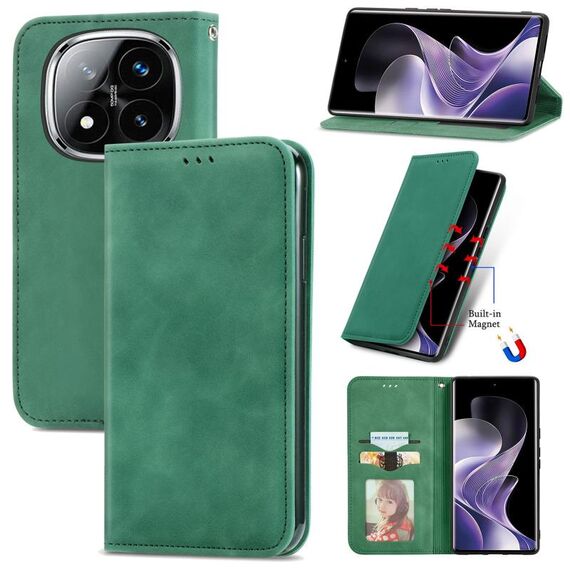 Per Xiaomi Redmi Note 14 Pro+ 5G Retro Skin Feel Custodia in pelle magnetica Flip Phone (verde)