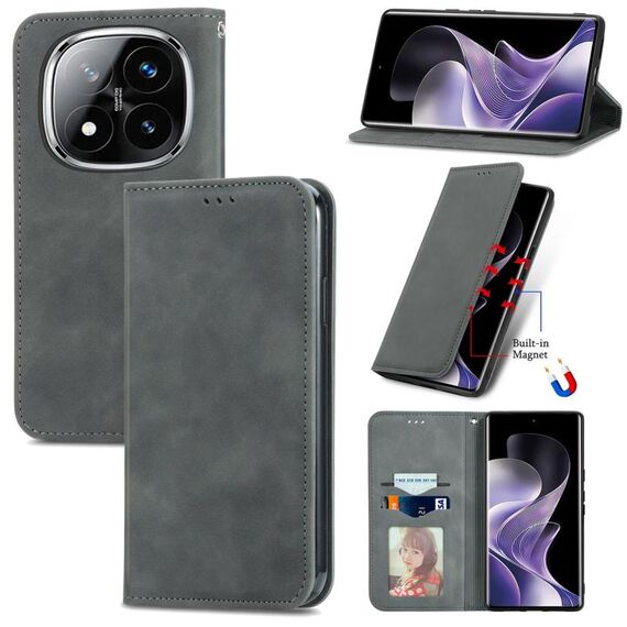 Per Xiaomi Redmi Note 14 Pro+ 5G Retro Skin Feel Custodia in pelle magnetica Flip Phone (grigio)