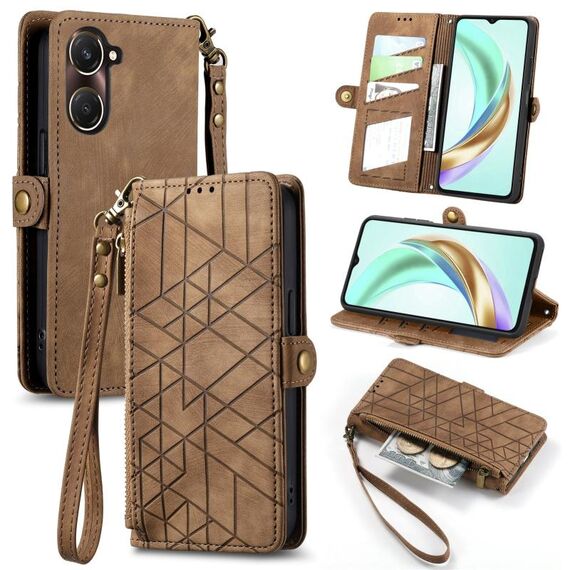 Per vivo Y37 Custodia per telefono in pelle con fibbia laterale con cerniera geometrica (marrone)
