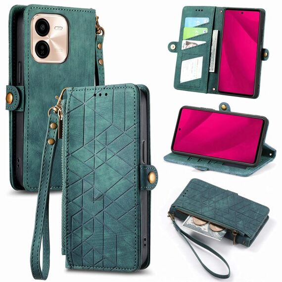 Per vivo Y37 Pro Custodia per telefono in pelle con fibbia laterale con cerniera geometrica (verde)