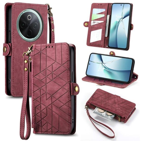 Per vivo Y300 Pro Custodia per telefono in pelle con fibbia laterale con cerniera geometrica (rosso)