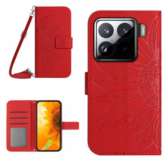 Per Xiaomi 15 Custodia in pelle con stampa a fiore di sole e cordino (rosso)