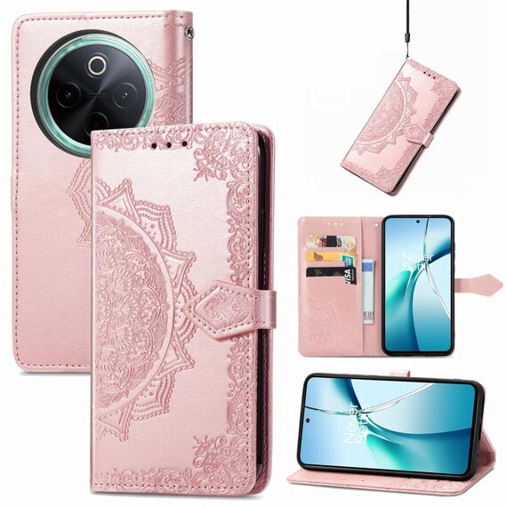 Per vivo Y300 Pro Custodia per telefono in pelle goffrata con motivo mandala (oro rosa)