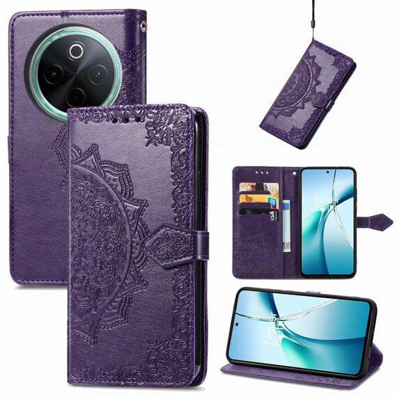 Per vivo Y300 Pro Custodia per telefono in pelle goffrata con motivo mandala e fiore (viola)