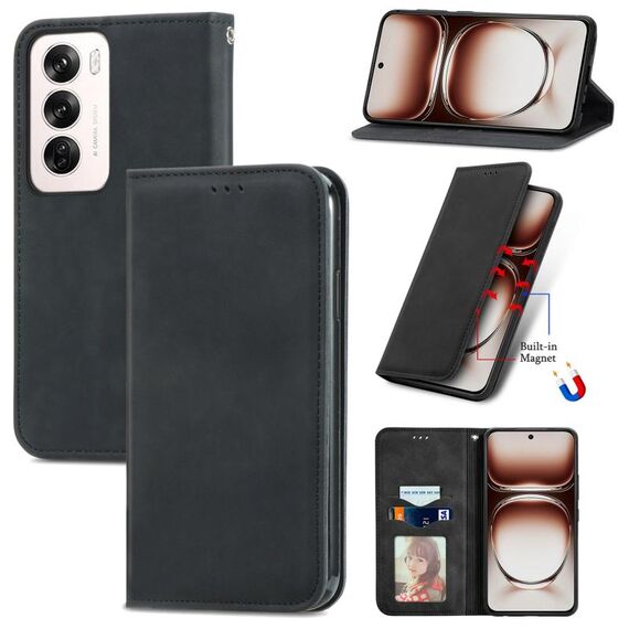 Per OPPO Reno12 Pro Global Retro Skin Feel Custodia magnetica in pelle Flip per telefono (nero)