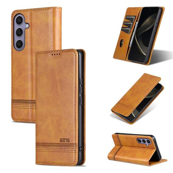 Per Samsung Galaxy S25 5G AZNS Custodia per telefono in pelle di vitello con texture magnetica (marrone chiaro)