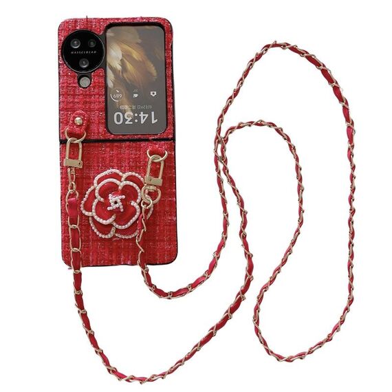 Per OPPO Find N3 Flip Camellia Plaid Fabric PC Phone Case con cordino lungo (rosso)