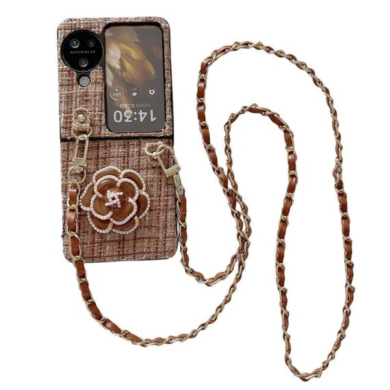 Per OPPO Find N3 Flip Camellia Plaid Fabric PC Phone Case con cordino lungo (marrone)