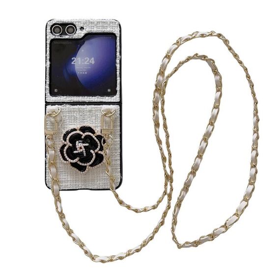 Per Samsung Galaxy Z Flip6 Camellia Plaid Fabric PC Phone Case con cordino lungo (bianco)