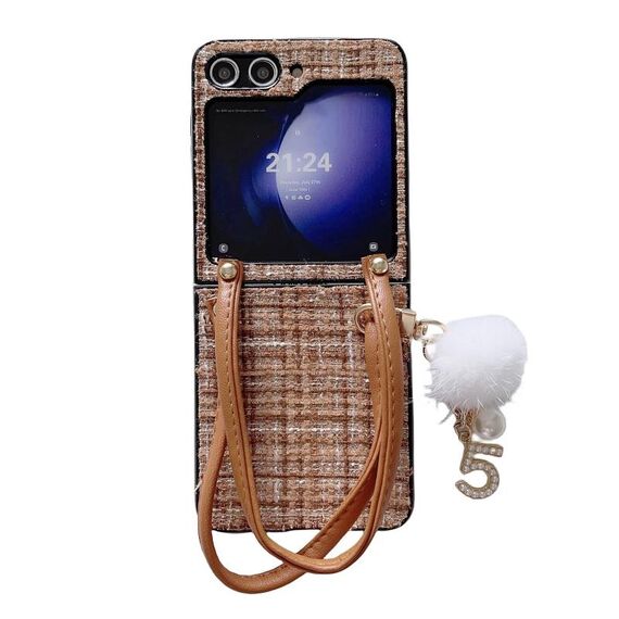 Per Samsung Galaxy Z Flip6 Borsa Design Peluche Palla Plaid Tessuto Custodia per PC Telefono (Marrone)