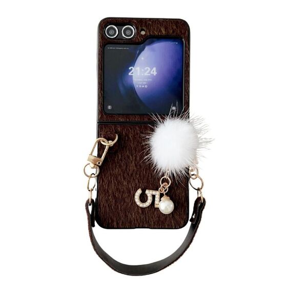 Per Samsung Galaxy Z Flip6 Custodia per telefono con copertura completa in peluche con cinturino (marrone scuro)