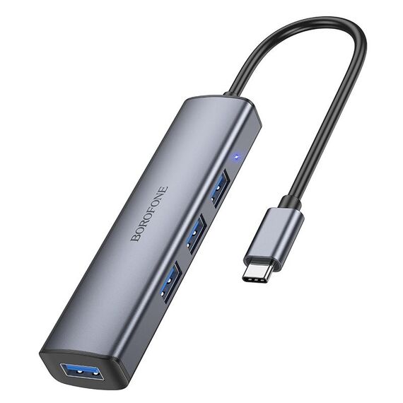 Adattatore HUB multifunzione BOROFONE DH12 4 in 1 USB-C / Type-C a USB 3.0 x 4, lunghezza: 0,2 m (grigio metallo)