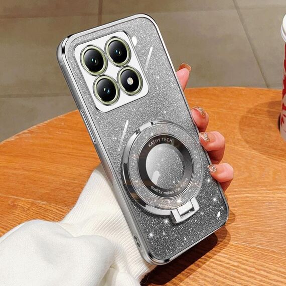 Per Xiaomi 14T Custodia per telefono in TPU con supporto rotondo glitterato sfumato placcato (argento)