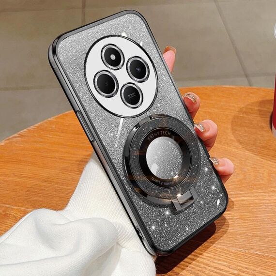 Per Redmi 14C 4G Custodia per telefono in TPU con supporto rotondo glitterato sfumato placcato (nero)