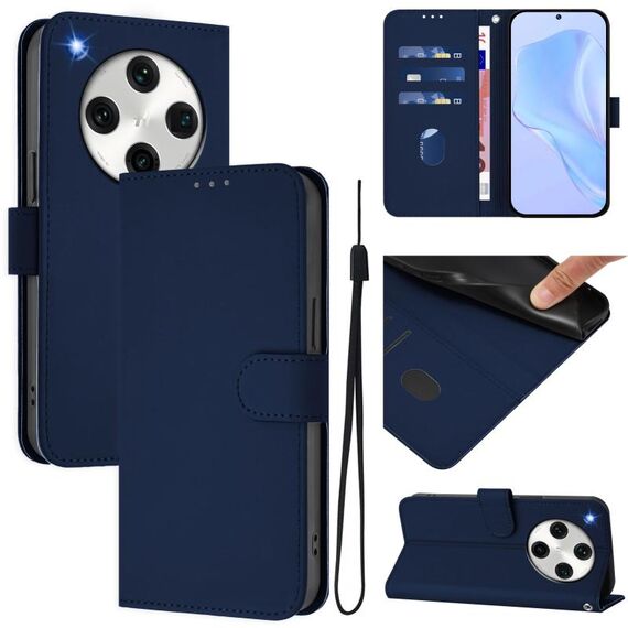Per OPPO Find X8 Pro Custodia in pelle tinta unita con cordino (blu navy)