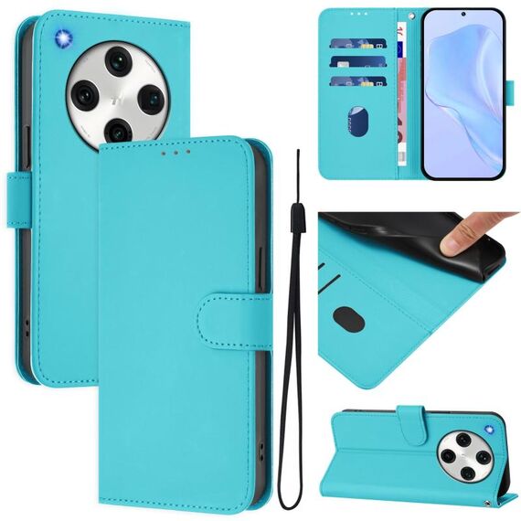 For OPPO Find X8 Pro Skin Feel Solid Color Leather Phone Case with Lanyard(Lake Blue)